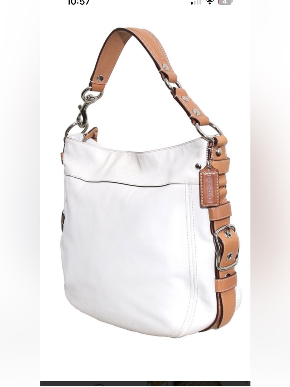 Coach Zoe Hobo bag, whire leather with tan buckle strap silver hardware